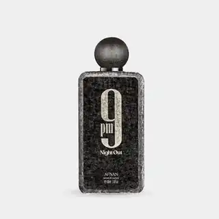 Afnan 9 PM Night Out black textured bottle with silver nine