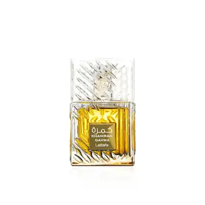 Lattafa Khamrah Qahwa transparent bottle with golden liquid